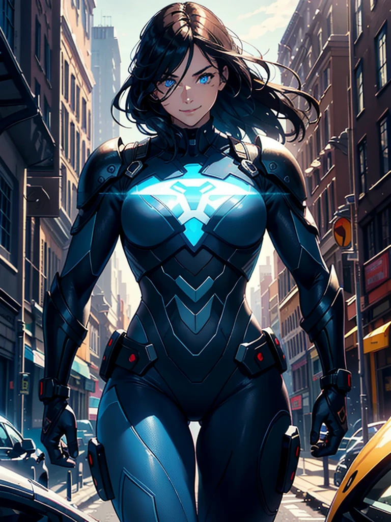 16K, HDR,UHD, RTX, ray tracing, chiaroscuro, best quality, masterpiece, ethereal, perfect illustration, digital artwork, trending on artstation, jaw-dropping perfection, ultra realistic, textured amazing lighting effects, perfect shadows, WLOP, 1girl, beautiful mature edgy woman in a cool long jacket and black pants, superhero suit, stomach covered by clothing, shoulder-length hair, shoulder-length hair, wavy hair, black hair, highly detailed glowing blue eyes, glowing eyes, blue eyes, beautiful glowy blue eyes, detailed eyes, beautiful face, perfect anatomy, broad shoulders, strong upper-body, modern city, city, beautiful weather, stunning sunshine, sunny, daylight, sunlight, modern, nature, daytime, superhero, uplifting, heroic, heroic pose, smiling, smiling at camera, athletic, hands near hips, glowy eyes, daytime, black and blue superhero suit, metal shoulder-pads, summertime, radiant sunlight, beautiful cityscape, hair blowing in wind, manly shoulders, big smile, wide smile, happy eyes, joyful, smiling with teeth, very tall, wide shoulders, tall
