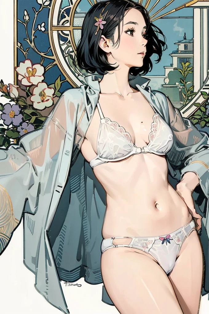 Detailed Background,Mucha style、Art Nouveau、Botanical Art,Flower Art,(masterpiece, Highest quality),Vi良いnt colors,colorful, Highest quality, Amazing details, Anatomically correct, Line art, Written boundary depth,Flat Shading,Bokeh, Mature Woman, Age 35, profile、Fat、Big Breasts、tits、White panties, Expressive eyes、Perfect Face。 Black hair parted in the middle、Wide forehead。Spreading legs。Browsing Caution