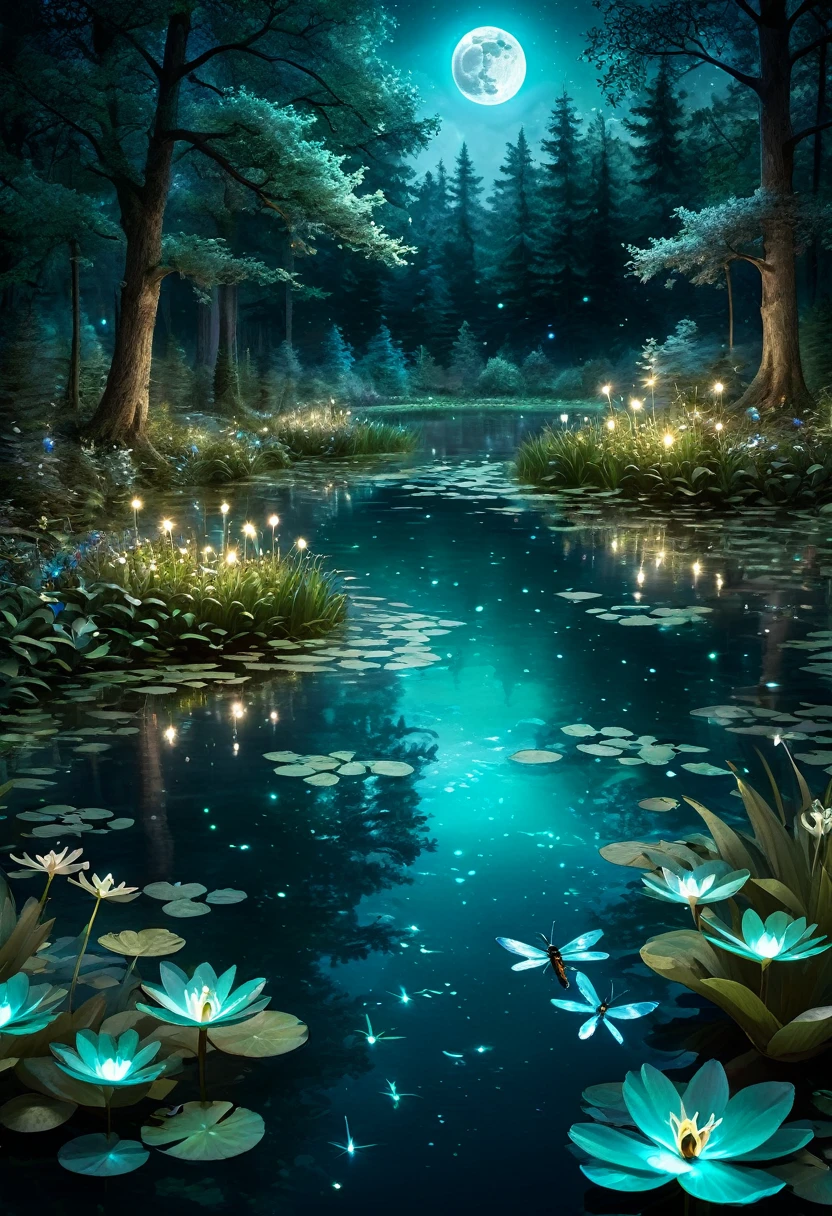 Pond at night:1.5, ((full shot:1.4)), ((beautiful pond at night in absolute darkness:1.5)), ((fireflies flying around illuminating the pond, glowing in the light of the moon, catching a firefly:1.5)), ((ultra detailed:1.5)), the lights of fireflies are reflected in the water:1.2, idyllic, dreamy, Fantasy:1.3)), dark environment soft moonlight reflecting in water, 8K ultra-realistic, portrait, highly detailed 32k digital art, beautiful digital art work, ((bluish, cyan, brown colors: 1.2)), 8k realistic digital art, soft lighting, (( highly detailed: 1.4) , ((masterpiece)), (Hyper detailed and beautiful: 1.3), (Photorealistic: 1.4)