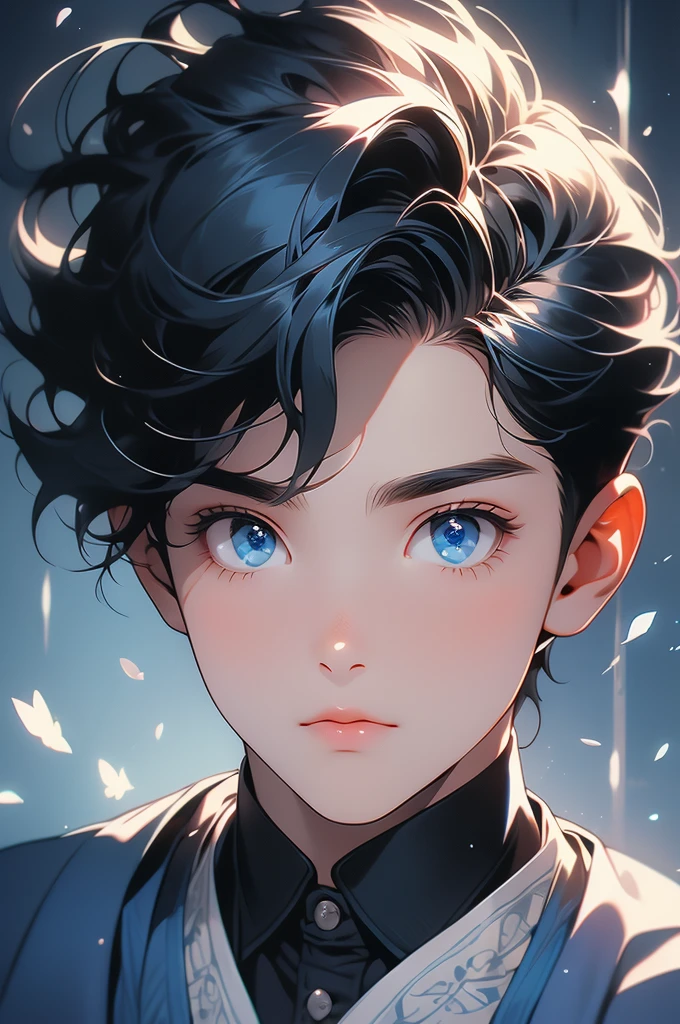 A boy in a , black hair and blue eyes very cute but also handsome
