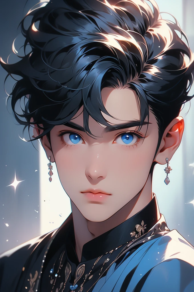 A boy in a , black hair and blue eyes very cute but also handsome