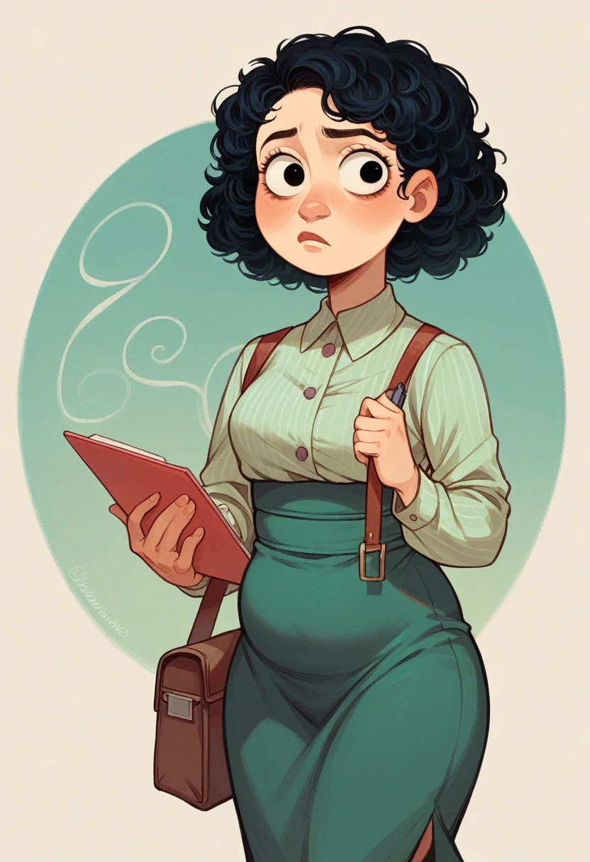 alone, 1 woman 40 years old, mulatto, chubby, Slim waist wide hips, black eyes, Round face, short black curly hair , wearing dress, with side bag , notebook in arms, pixar style garden background