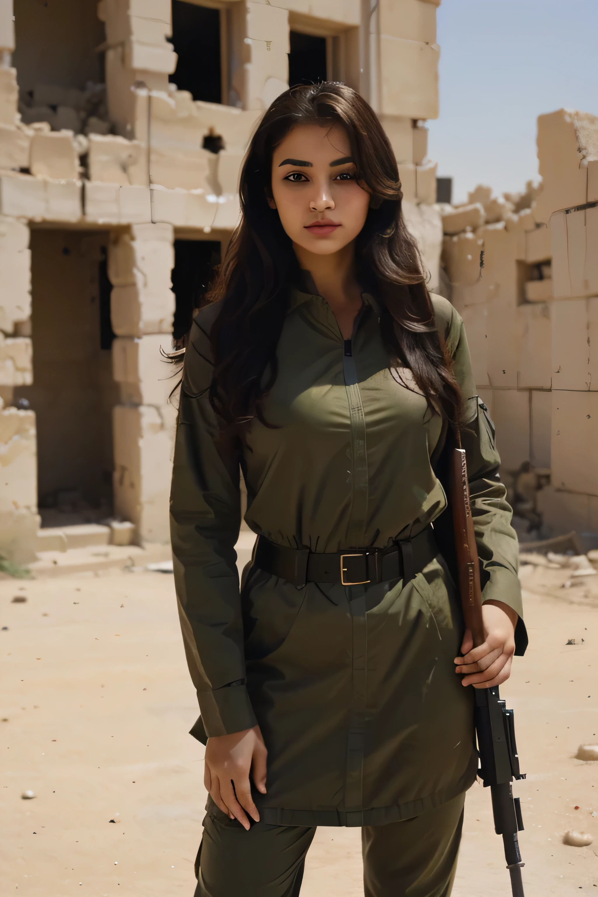 1 girl, Arab, Wear, Army uniform, Wearing a body jacket, Curly eyelashes, Brown eyes, He carries an M14 weapon, He stands in front of the ruins of a city in the Middle East