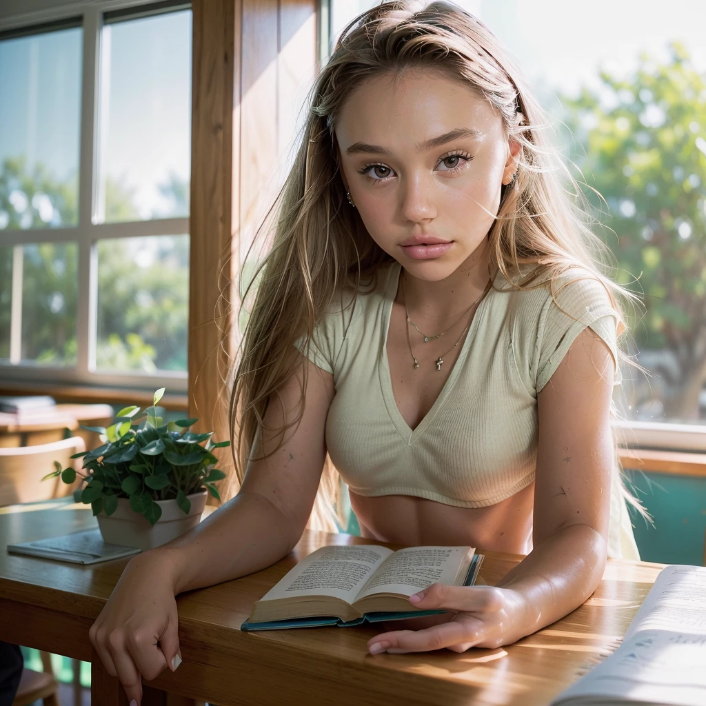 Realistic photo of a beautiful 18 year old (((ALEXIS-REN))), (best quality,ultra-detailed,realistic:1.2),beautiful detailed eyes,beautiful detailed lips, blonde hair, student, classroom, learning,  sitting at desk, books, teacher, pencil, school girl skirt outfit
