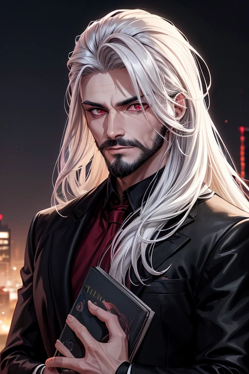 Generates the image of a realistic-style man with a black blazer and a wine red shirt with black painted lips and a black shadow in his eyes, bright red pupils and a light beard who has long white hair at the back. book style with a background of a city in the distance at night with a bright full moon