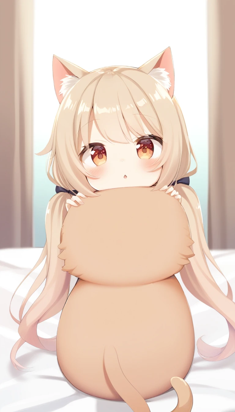 One girl, , Long Hair, Low twin tails, Fluffy twin tails, Light brown hair, Cat ear, Animal ear hair, cat's eyes, Bedroom, window, cherry blossoms, winter,snow, morning, Portraiture, Upper Body