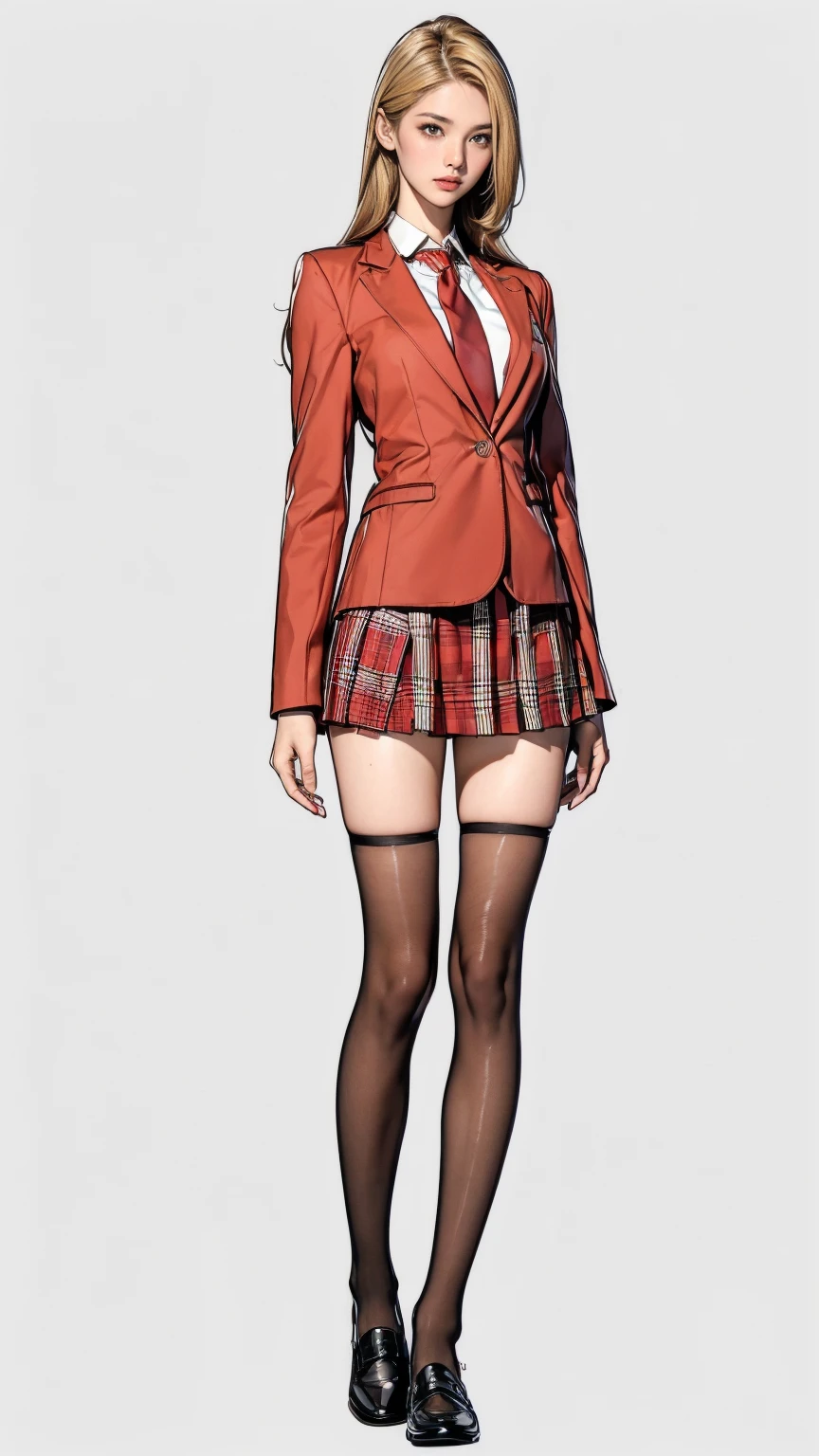 ((best quality,4k,highres,masterpiece:1.2)),((character concept art)), 1 female, teenage female, 15-year-old Asian beauty queen, ((blonde shoulder-length hair)), bleached hair, (tan skin colour), ultra finely detailed eyes (brown eyes colour), confident, beautiful, , slim body build, ((intricate detail)), super finely detailed hands, ultra finely detailed fingers(((ten fingers))), wearing red velvet school blazer over white long sleeves school shirt with loosened necktie, plaid mini school skirt, black knee length school sock, and black school loafers, (standing provocatively), (full body showcase), (show full body), (no logos on background), (no logo), ((plain background)), ((plain background)), (((empty background)))