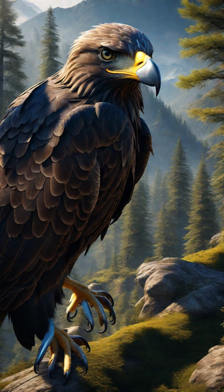 Mountains and forests，There is a kind of bird，Looks like an eagle but has human hands(best quality，4K，8K，High level，masterpiece：1.2），Ultra Detailed，（lifelike，Photo real，Photo real：1.37），Highly detailed animals，Realistic lighting，Fantasy Creatures