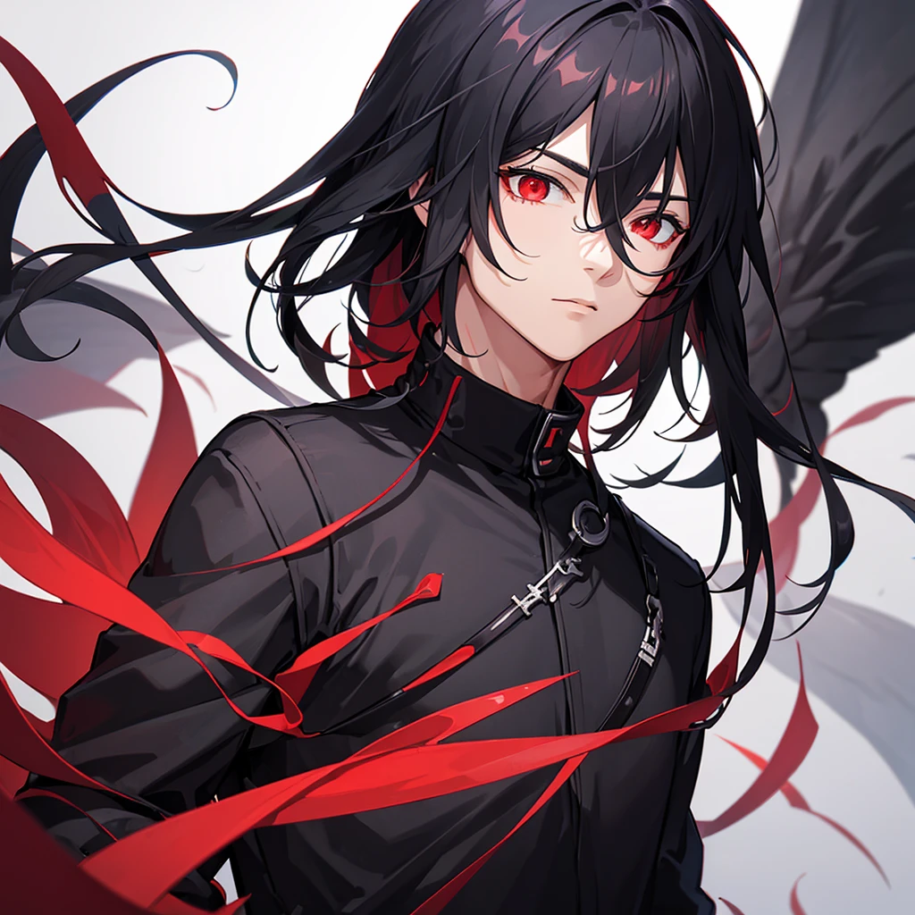 A man with black hair and red eyes, wearing black clothes