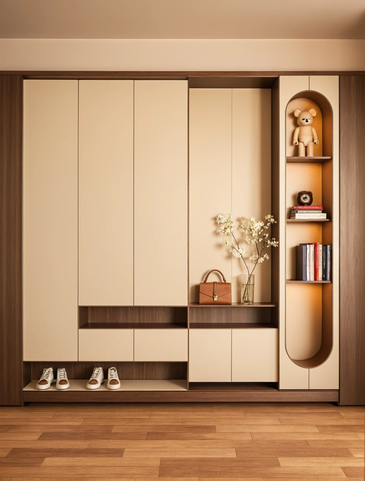 Raw photo,Masterpiece, high quality, best quality, authentic, super detail, interior, shoes Cabinet style modern luxury , sunset, daylight, shoe cabinets, decorative cabinets, flower vases, decorations, books, wooden floor, handbags, shoes, bearbrick, (beige tones)