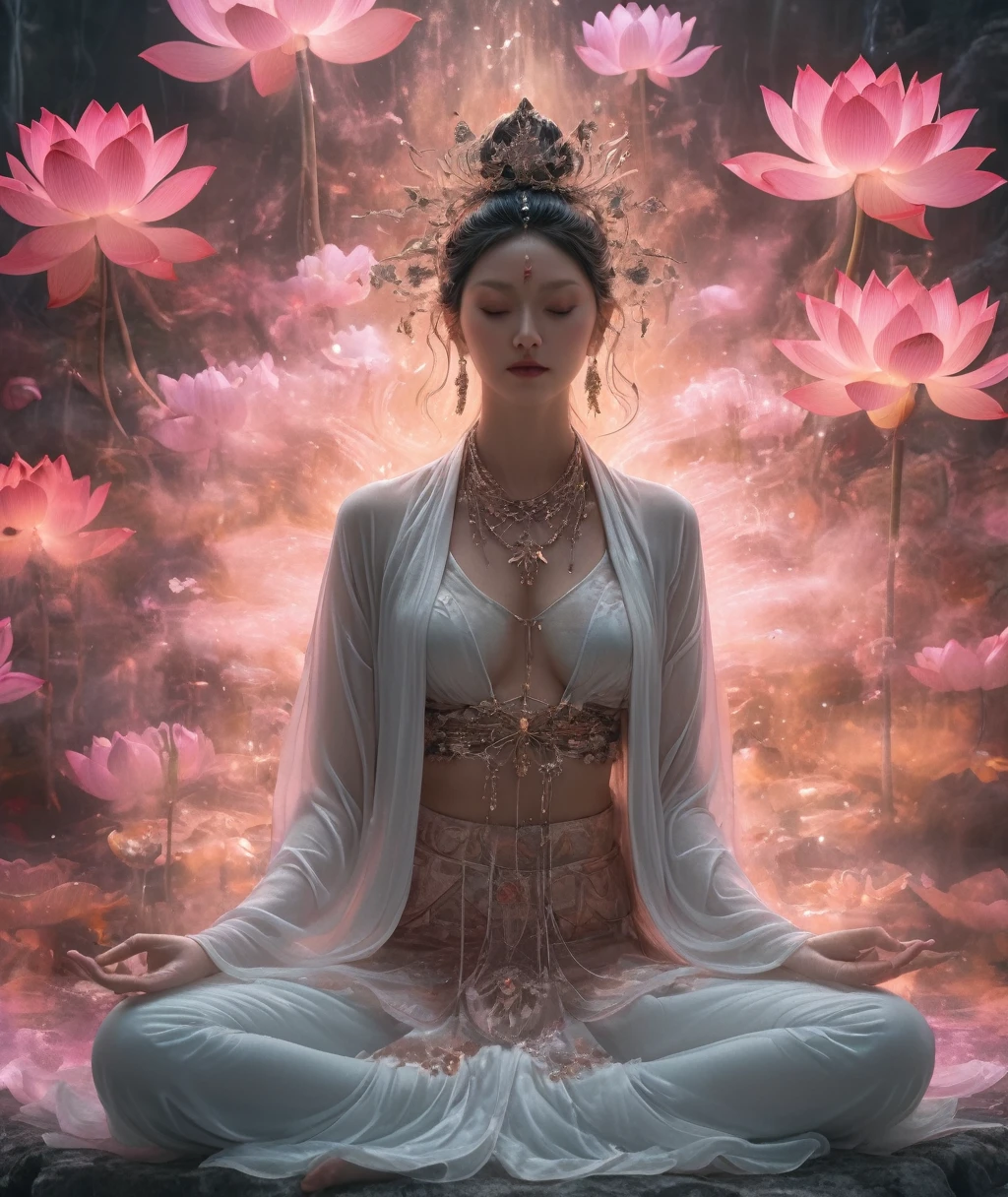 Full body photography of Tantric female Guanyin in lotus pose，Anatomically correct,Raw, Filming, (concentrate:1.5), (Reality:1.4), Dusk lighting, Volumetric Lighting, Ultra-high resolution, 16K,Dramatic Lighting, White background：1.5）（Tangled，Mandala，dispute，Entanglement：0.7），Bomber Jacket,Transformation, Depth of Field, Dreamy atmosphere, The most beautiful chaos, grace, Brutalist Design Dark Theme, Flower of Death, Flowers of ecstasy，Glowing Line,Glow Example，Tracking Example，flash， Backlight，translucent，Light Particles,HILL，exit