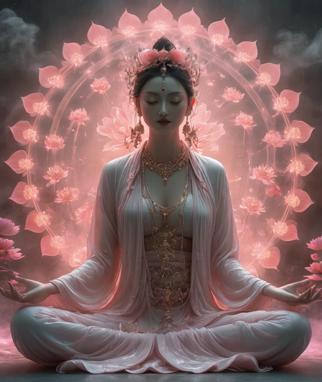 Full body photography of Tantric female Guanyin in lotus pose，Anatomically correct,Raw, Filming, (concentrate:1.5), (Reality:1.4), Dusk lighting, Volumetric Lighting, Ultra-high resolution, 16K,Dramatic Lighting, White background：1.5）（Tangled，Mandala，dispute，Entanglement：0.7），Bomber Jacket,Transformation, Depth of Field, Dreamy atmosphere, The most beautiful chaos, grace, Brutalist Design Dark Theme, Flower of Death, Flowers of ecstasy，Glowing Line,Glow Example，Tracking Example，flash， Backlight，translucent，Light Particles,HILL，exit