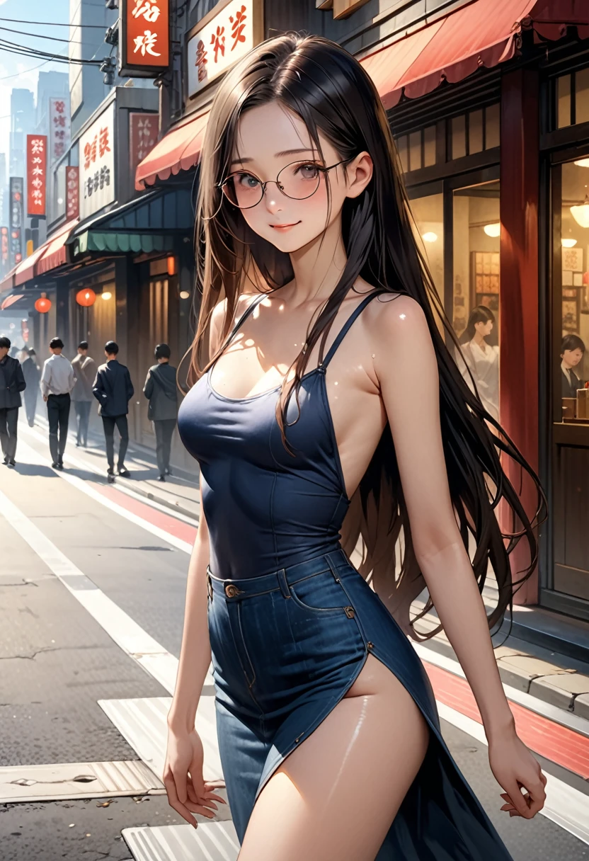 ((masterpiece,Highest quality:1.3,best illustration,realistic)),1woman、独奏,20 year old Japanese beauty,((very small head:1.3)),center parted bangs,forehead,black hair,long hair,black eyes,gorgeous eyes,Black-rimmed glasses、shy,medium breasts,((very long body:1.2)),((toned body,slender body,skinny)),gleaming skin,shiny skin,oily skin,(off-shoulder white knit one-piece wear),on street,Tokyo、