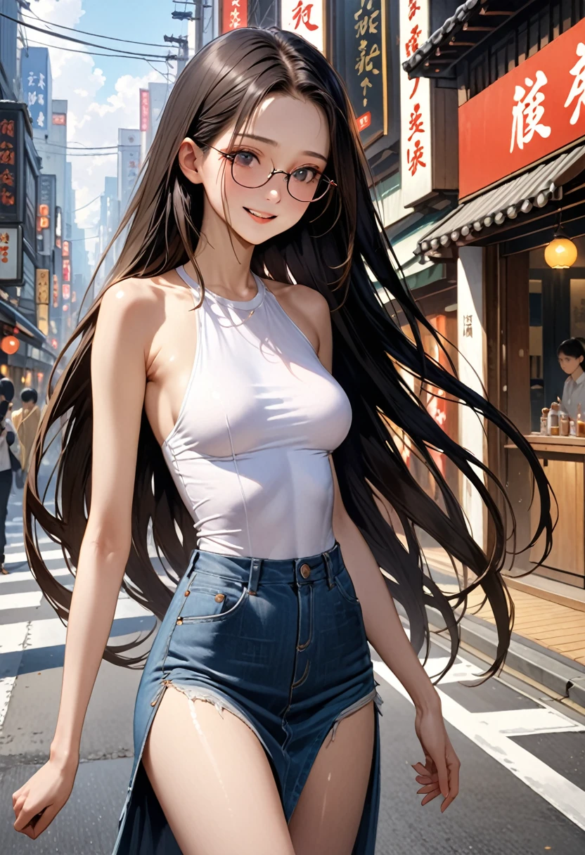 ((masterpiece,Highest quality;1.3,best illustration,realistic)),1woman、独奏,22 year old beauty,((very small head:1.1)),center parted bangs,forehead,black hair,long hair,black eyes,gorgeous eyes,Black-rimmed glasses、shy,smile,medium breasts,((very long body)),((toned body,slender body,skinny)),gleaming skin,shiny skin,oily skin,White formal collared shirt、Denim skirt、on street,Tokyo、