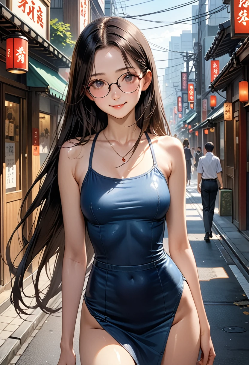 ((masterpiece,Highest quality;1.3,best illustration,realistic)),1woman、独奏,22 year old beauty,((very small head:1.1)),center parted bangs,forehead,black hair,long hair,black eyes,gorgeous eyes,Black-rimmed glasses、shy,smile,medium breasts,((very long body)),((toned body,slender body,skinny)),gleaming skin,shiny skin,oily skin,White formal collared shirt、Denim skirt、on street,Tokyo、