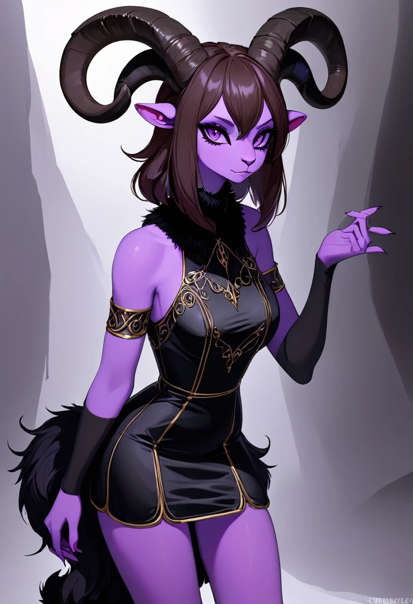 Satyr, female, purple skin, black fur, brown hair, black eyes, straight horns, vantablack dress.