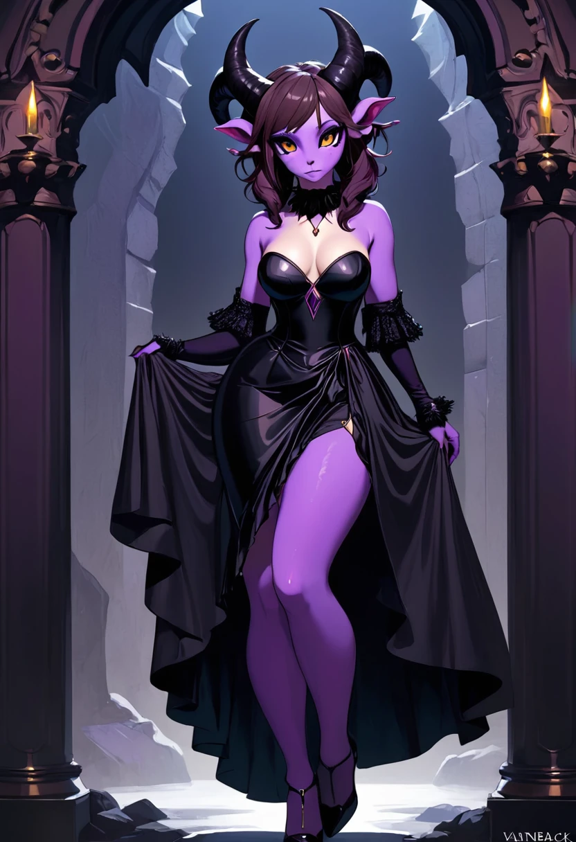 Satyr, female, purple skin, black fur, brown hair, black eyes, straight horns, vantablack dress.