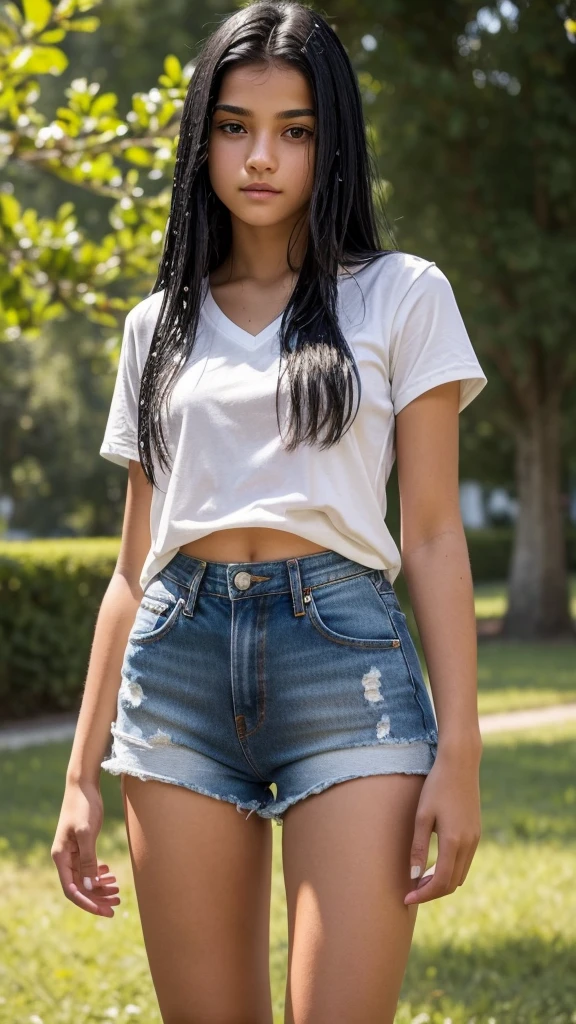 a 14 year old, ager face, long black hair ((hiperealistic)), She is wearing a short blouse and white denim shorts ((hiperealistic)), the shorts have a slit in the vagina, the shorts are wet in the crotch.
