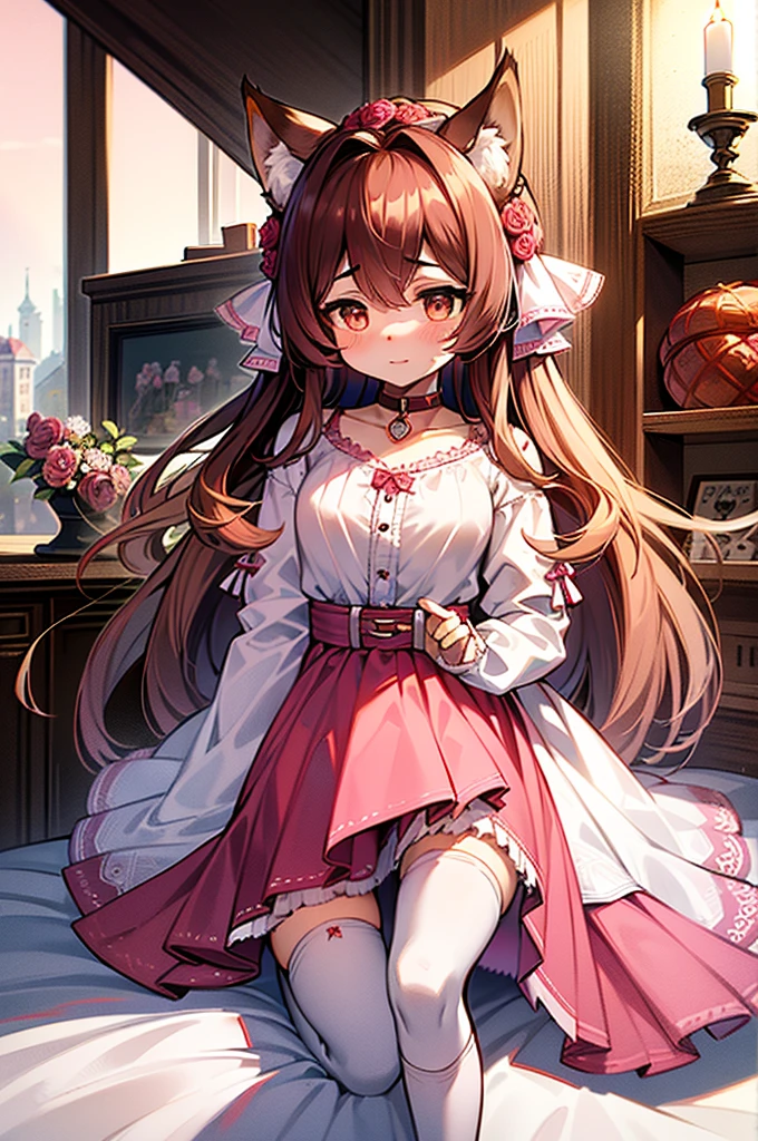 ((best quality)), ((masterpiece)), (Detailed), 1 Wolf girl, tied up in bed, Messi good, Rose Mini skirt, wet White semi invisble Short top, pink choker, shy looking upwards, Rose and White Striped overknee socks, Background with sex toys and candles, some Accessoires, medium big ((best quality)), ((masterpiece)), (Detailed), 1 Wolf Girl, tied in bed, Brown hair, Messi good, pink miniskirt, wet white shirt blouse, pink collar with leash, held by a fox by the hand, look up shyly, Overknee socks with pink and white stripes, Background with a shelf full of sex toys, some accessories,