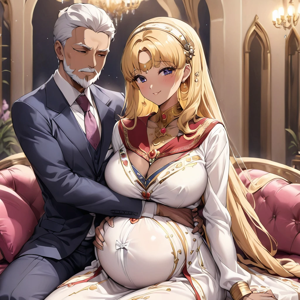 ((Highest quality)), ((masterpiece)), (detailed), (Perfect Face)、The woman is Tsukino Usagi, an Arab Muslim with vivid brown skin, and is in a luxurious Islamic mansion wearing a gorgeous and glittering Arab national costume with gold embroidery, a gorgeous hijab, a gorgeous hair ornament, gorgeous jeweled accessories and an engagement ring. The woman and the man are sitting on a luxurious, large sofa in the luxurious room, and the woman is being held in the arms of a dignified, bearded, middle-aged Arab Muslim man.、The woman is the elegant Tsukino Usagi, with long blonde hair in a chignon twin tail, wearing Arab national dress and a gorgeous hijab. She is a Muslim Arab with vivid brown skin.、(The woman is a brown-skinned Arab named Tsukino Usagi.)、the woman is pregnant