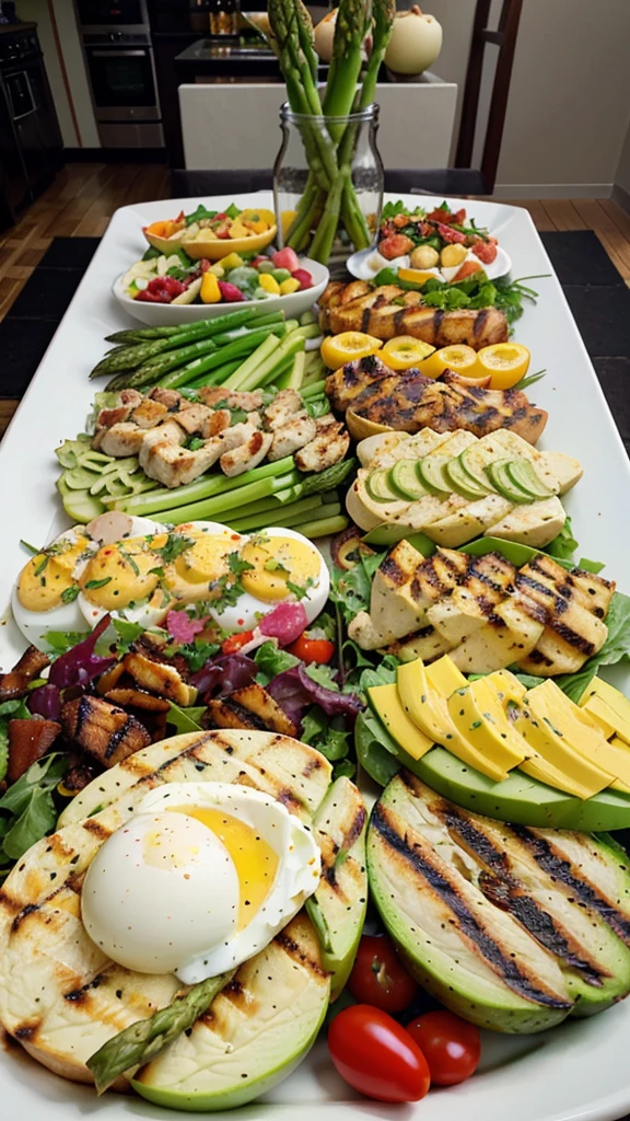 Colorful and Varied Keto Lunch Platter: A beautifully arranged platter with various keto-friendly foods, such as avocado, bacon-wrapped asparagus, deviled eggs, colorful salads, and grilled chicken. The vibrant colors and variety will catch the viewer’s eye.