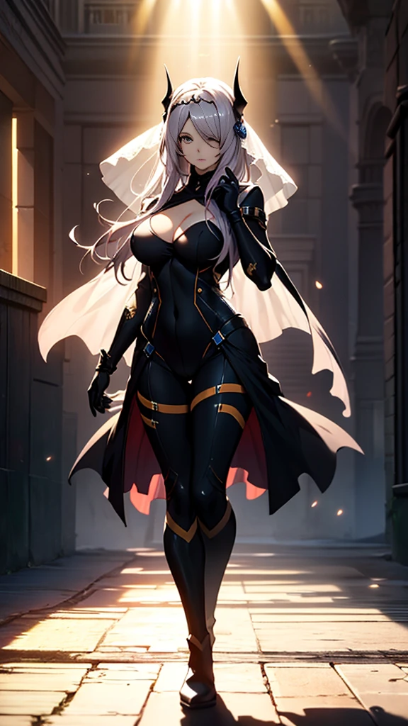 (full body),masterpiece，Highest quality, Cowboy Shot，Kung Fu Pose，Beautiful and exquisite body,Horn, tiara, Veil,(A body-hugging enamel bodysuit，Rubber Suit， Black bodysuit, Scapula, Long sleeve, Cleavage cutout, Black gloves, Black overskirt, Black trousers)，Show me your boots，leotard，elegant, 1 Girl, cute, Beautiful Eyes, Beautiful background, Particles of light, Light of the sun, Dramatic lighting, outside, Shiny, Realistic,  Highest quality, Very detailed, Get used to it, scenery, Beautiful and exquisite, Thin Hair，