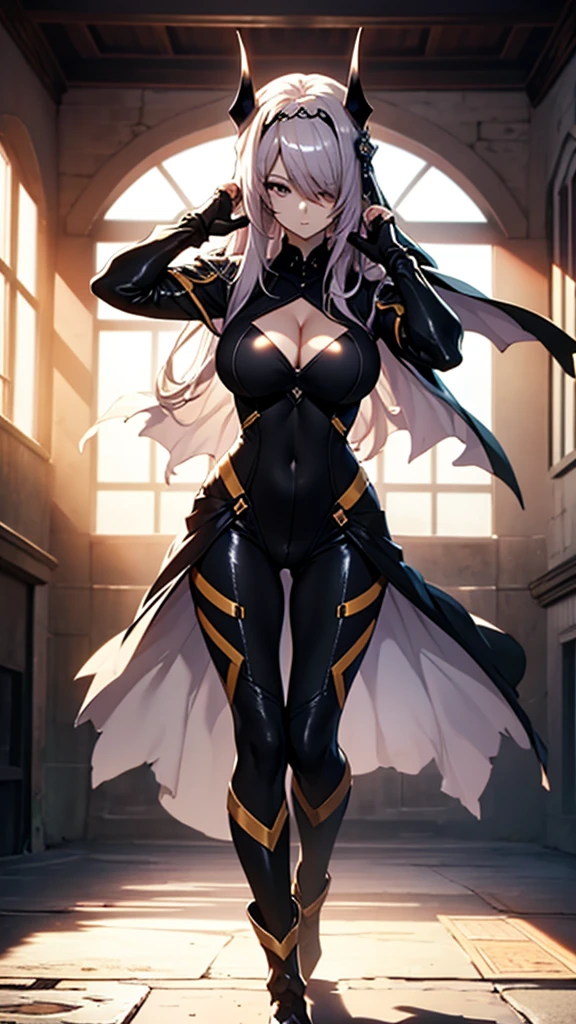 (full body),masterpiece，Highest quality, Cowboy Shot，Kung Fu Pose，Beautiful and exquisite body,Horn, tiara, Veil,(A body-hugging enamel bodysuit，Rubber Suit， Black bodysuit, Scapula, Long sleeve, Cleavage cutout, Black gloves, Black overskirt, Black trousers)，Show me your boots，leotard，elegant, 1 Girl, cute, Beautiful Eyes, Beautiful background, Particles of light, Light of the sun, Dramatic lighting, outside, Shiny, Realistic,  Highest quality, Very detailed, Get used to it, scenery, Beautiful and exquisite, Thin Hair，