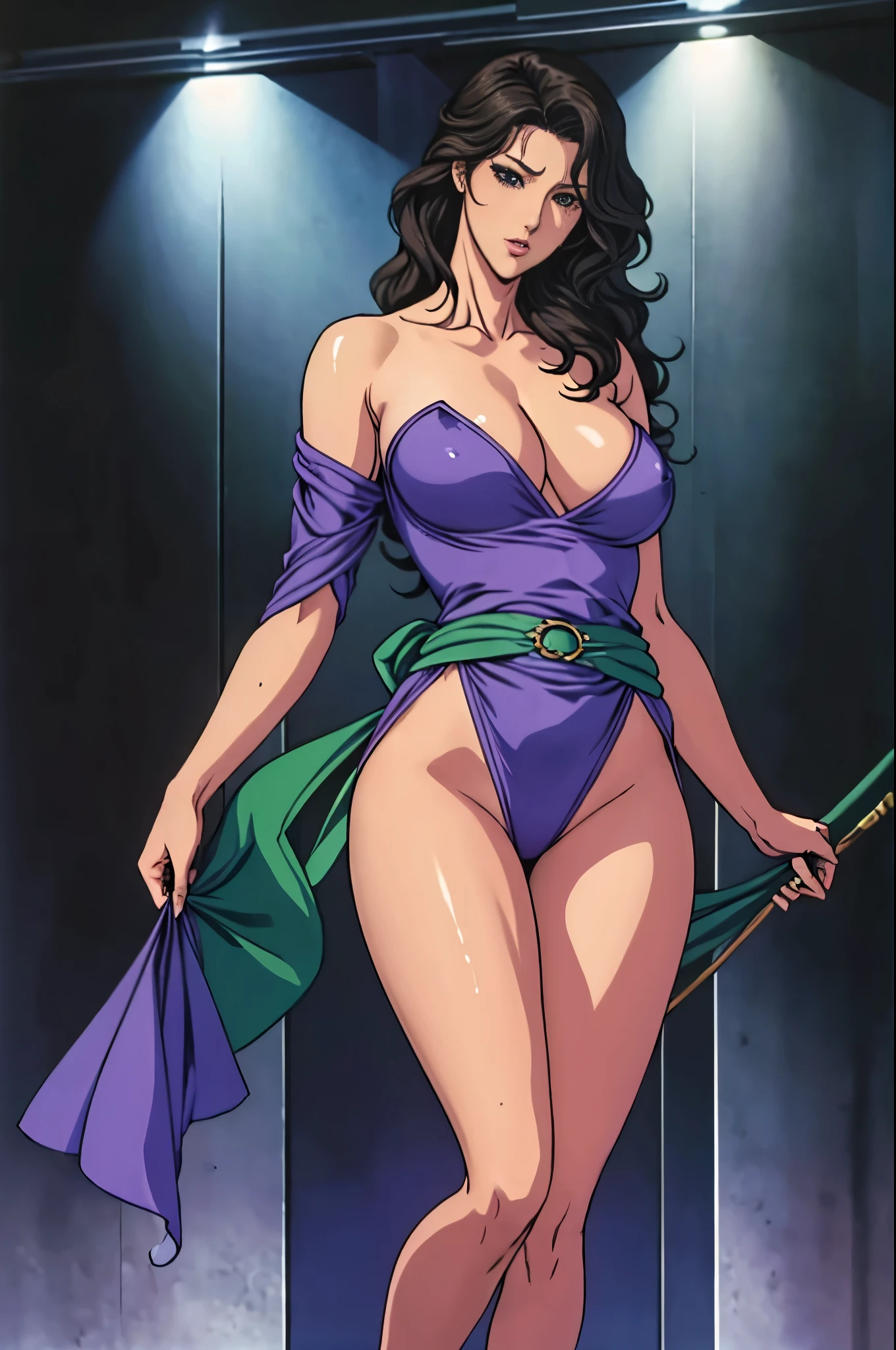 woman((28 years old)), hair((Wavy, Black)), eye((smart eye, green)), Clothes((Purple bodysuit, Strapless, No sleeve, Green sash,)), girl，alone，Gray background，Artistic lighting，Beautiful Asian Goddess，eyelash, Red lipstick, (Shiny costumes),(Wearing a belt around his waist),Sensual,(風に吹かれるhair),Graceful features，No sleeve，Mature Woman, 成熟したwoman,Detailed fingers, Perfect hands, Length 180cm,Small face,sweating,Soft thighs,Sexy legs,Sexy ass, Cleavage,Open the chest,Smooth thighs and legs，((Amazing orgasm)),大きなSexy ass, Perfect Body Proportions, Slim waist,Nipples visible,Tight waist,(Long legs:1.4),F cup bust,Huge :1.3，perspective:1.2，Looking at the audience，Character-centric，symmetry diagram，whole body:1.5，From below:1.3，Abdominal shot