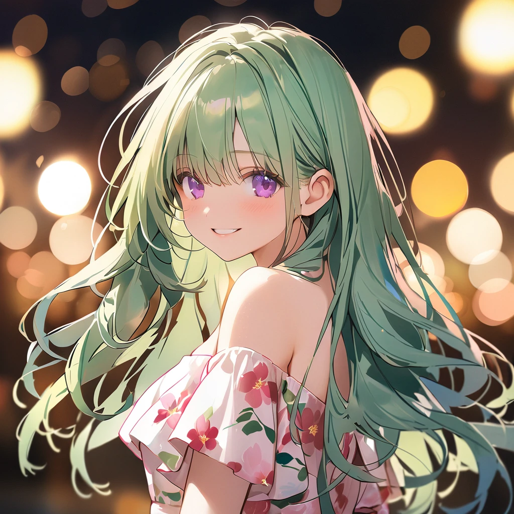A cute girl, 20years old, smiling, medium breasts, purple eyes, green hair, long hair, wearing a white-pink floral print dress, off-shoulder, standing, closeup, arms down, background bokeh, blurry