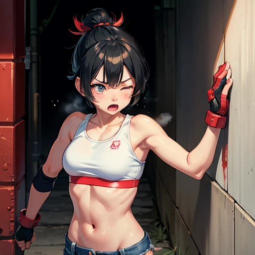 A young and cute Japanese street fighter。Cornered against the wall of an alley、Being hit by someone。Short black hair。Sweating a lot。Covered in blood。One eye closed。shortness of breath。Drooling from the mouth。Sports Bra。Denim shorts。Open Finger Gloves。