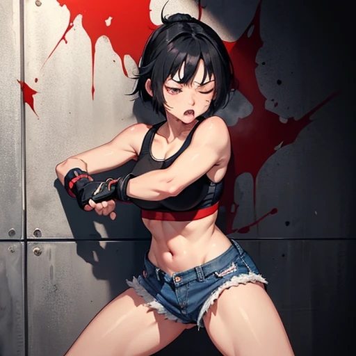 A young and cute Japanese street fighter。Cornered against the wall of an alley、Being hit by someone。Short black hair。Sweating a lot。Covered in blood。One eye closed。shortness of breath。Drooling from the mouth。Sports Bra。Denim shorts。Open Finger Gloves。