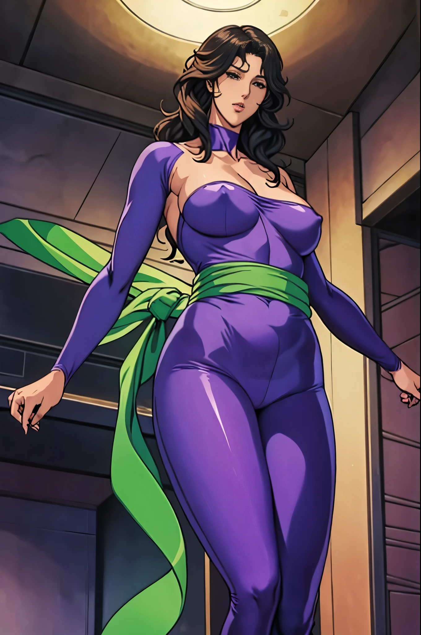 woman((28 years old)), hair((Wavy, Black)), eye((smart eye, green)), Clothes((Purple bodysuit, Strapless, No sleeve, Green sash,)), girl,alone,Gray background,Artistic lighting,Beautiful Asian Goddess,eyelash, Red lipstick, (Shiny costumes),(Wearing a belt around his waist),Sensual,(風に吹かれるhair),Graceful features,No sleeve,Mature Woman, 成熟したwoman,Detailed fingers, Perfect hands, Length 180cm,Small face,sweating,Soft thighs,Sexy legs,Sexy ass, Cleavage,Open the chest,Smooth thighs and legs,((Amazing orgasm)),大きなSexy ass, Perfect Body Proportions, Slim waist,Nipples visible,Tight waist,(Long legs:1.4),F cup bust,Huge :1.3,perspective:1.2,Looking at the audience,Character-centric,symmetry diagram,whole body:1.5,From below:1.3,Abdominal shot