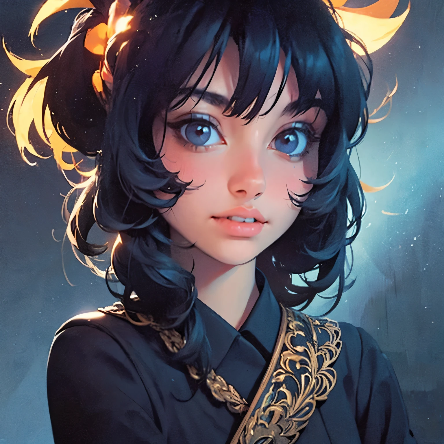(Front Focus), (In the Dark: 1.6), Surrealistic Female Portraits by David Hockney and Alphonse Mucha, Perfect Beauty 1:1 Fantasy Art, Photo Realism, Dynamic Lighting, ArtStation, Poster, Volumetric Lighting, Very Detailed Faces, 4 K, Award-Awarded, 1girl, In the Dark, Deep Shadow, Low Key, Cowboy Shot, (Official Uniform: 1.4), Long Hair,