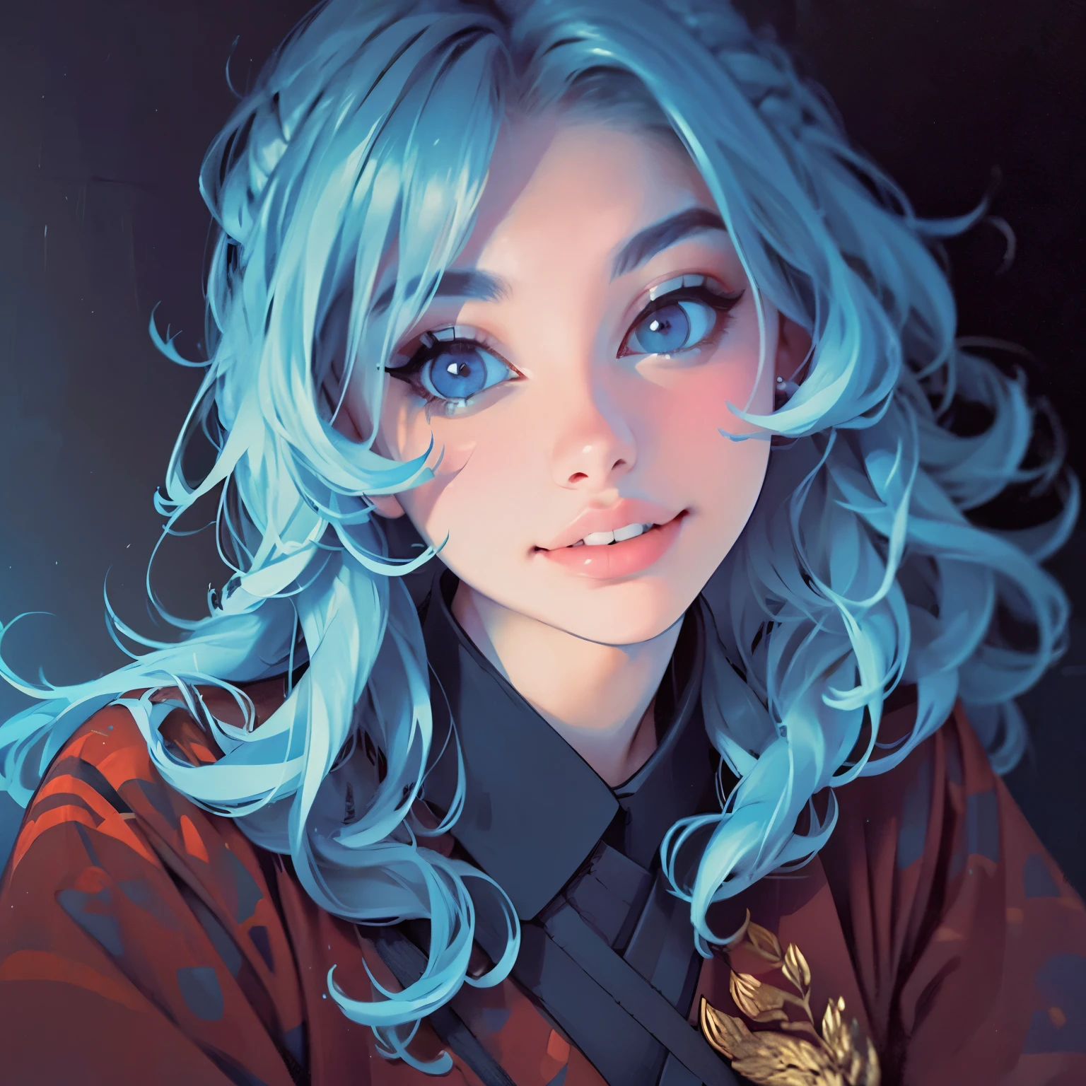 (Front Focus), (In the Dark: 1.6), Surrealistic Female Portraits by David Hockney and Alphonse Mucha, Perfect Beauty 1:1 Fantasy Art, Photo Realism, Dynamic Lighting, ArtStation, Poster, Volumetric Lighting, Very Detailed Faces, 4 K, Award-Awarded, 1girl, In the Dark, Deep Shadow, Low Key, Cowboy Shot, (Official Uniform: 1.4), Long Hair,