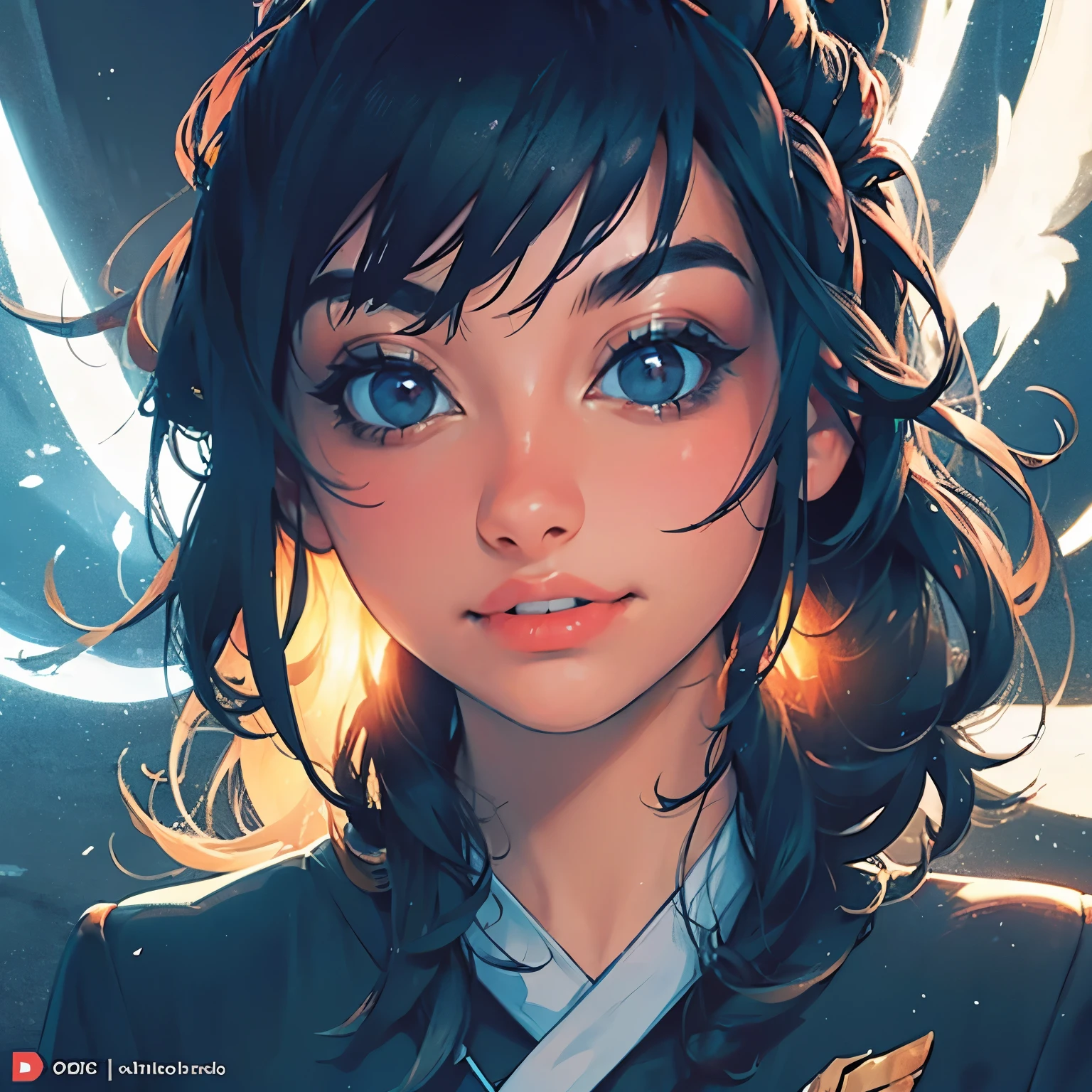 (Front Focus), (In the Dark: 1.6), Surrealistic Female Portraits by David Hockney and Alphonse Mucha, Perfect Beauty 1:1 Fantasy Art, Photo Realism, Dynamic Lighting, ArtStation, Poster, Volumetric Lighting, Very Detailed Faces, 4 K, Award-Awarded, 1girl, In the Dark, Deep Shadow, Low Key, Cowboy Shot, (Official Uniform: 1.4), Long Hair,