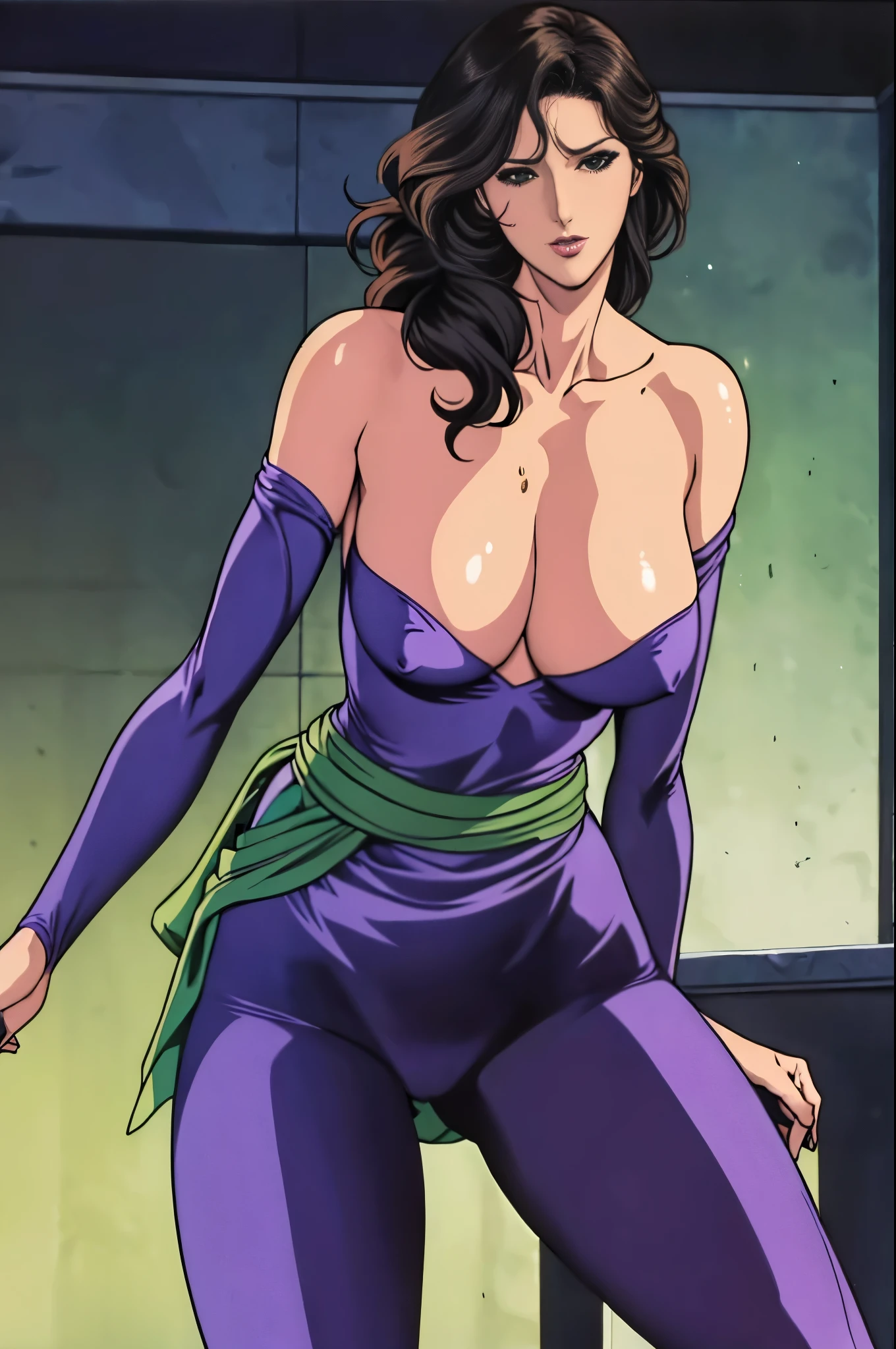 woman((28 years old)), hair((Wavy, Black)), eye((smart eye, green)), Clothes((Purple bodysuit, Strapless, No sleeve, Green sash,)), girl，alone，Gray background，Artistic lighting，Beautiful Asian Goddess，eyelash, Red lipstick, (Shiny costumes),(Wearing a belt around his waist),Sensual,(風に吹かれるhair),Graceful features，No sleeve，Mature Woman, 成熟したwoman,Detailed fingers, Perfect hands, Length 180cm,Small face,sweating,Soft thighs,Sexy legs,Sexy ass, Cleavage,Open the chest,Smooth thighs and legs，((Amazing orgasm)),大きなSexy ass, Perfect Body Proportions, Slim waist,Nipples visible,Tight waist,(Long legs:1.4),F cup bust,Huge :1.3，perspective:1.2，Looking at the audience，Character-centric，symmetry diagram，whole body:1.5，From below:1.3，Abdominal shot