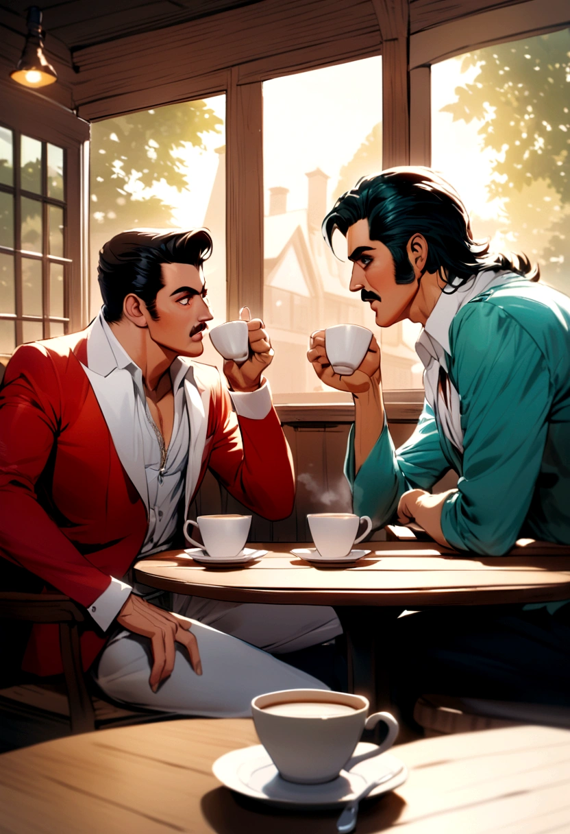 Elvis Presley and Freddie Mercury having a coffee together