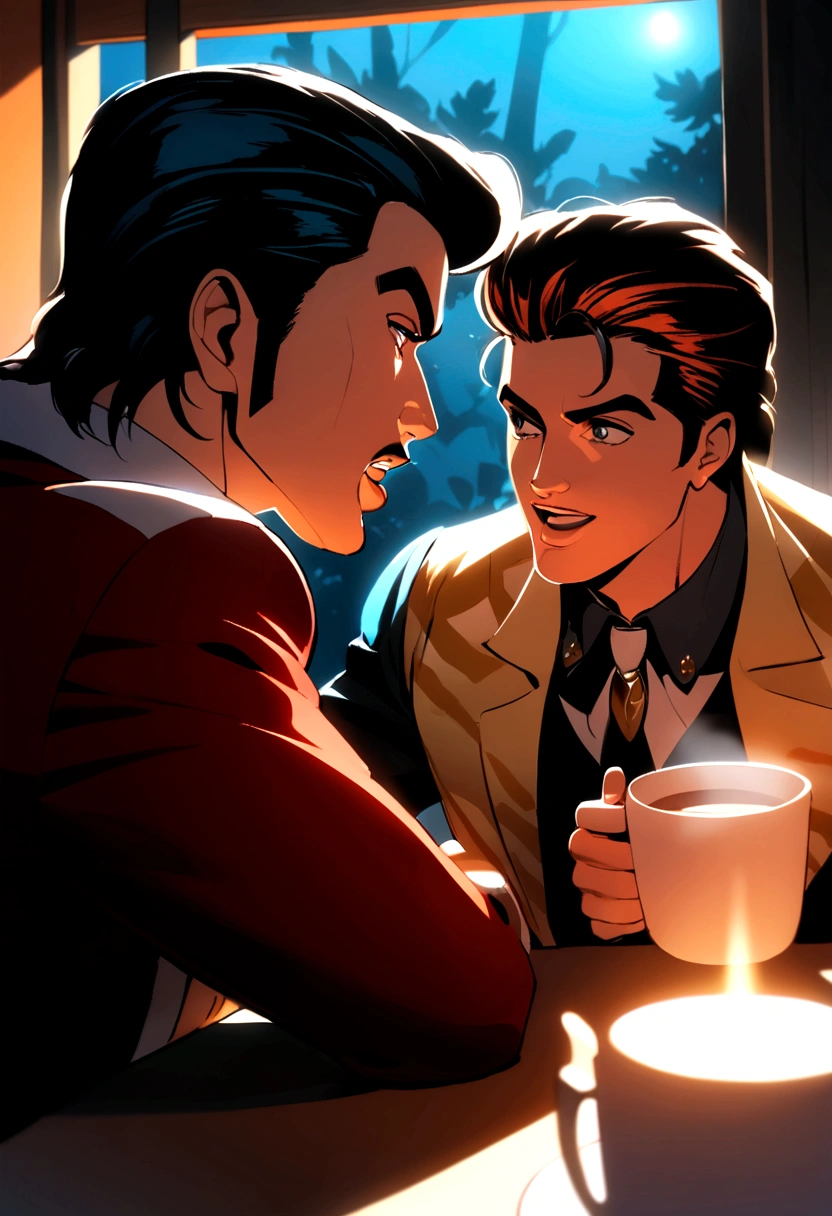 Elvis Presley and Freddie Mercury having a coffee together