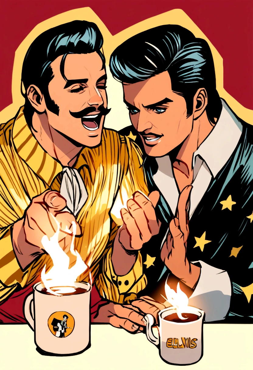 Elvis Presley and Freddie Mercury having a coffee together