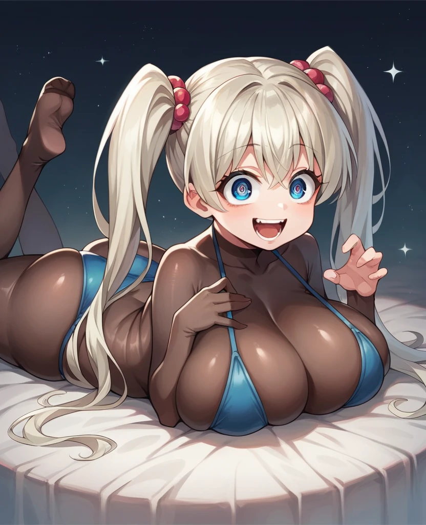 masterpiece, best quality, masterpiece,best quality,official art,extremely detailed CG unity 8k wallpaper, , ,(( mesugaki)), platinum blonde hair, twintails, cute face, laughing, huge breasts, blue eyes, bikini,bodystocking,huge ass, uwabaki, on stomach,curvy,plump,crazy eyes