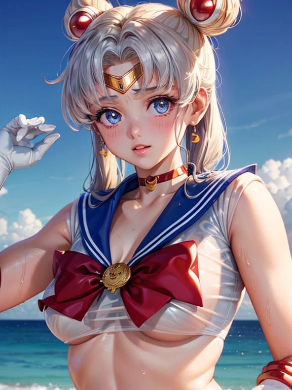 Sailor moon, ( upper body closeup shot ), stripping, wet bikini, orgasam, very seductive expression, very cute, cute, bikini, wet clothes, see through, clevage, wet,seductive pose, ultra high quality, ultra high definition, ultra realistic, 8k, masterpiece