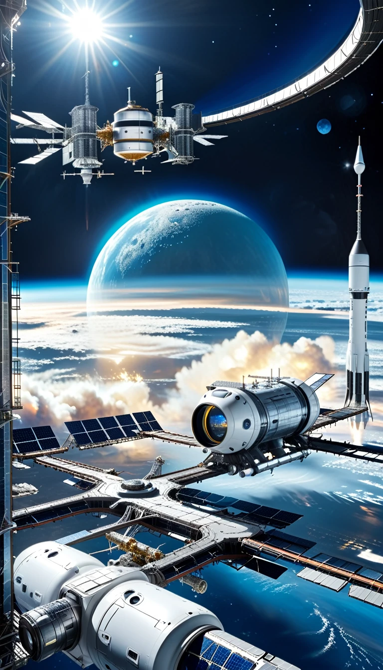 Looking out the blinking window,Extraterrestrial megacity,Space station and energy center in a futuristic lunar habitat,Moon Buggy,The space station、Rendered in a digital illustration style focusing on the futuristic architecture of the settlement。,Houston Rocket Launch Site,satellite,((A high-speed rail)),(The space station and high-speed rail wire frame holograms:1.4),
Rendered in 3D rendering style,Filmed with professional lighting and color grading、Looks super realistic,Blue and white,
(The main body of the space station does not light up:1.2),(Dark blue background:1.2),(Nebula and Sun:1.3),high-speed rail,