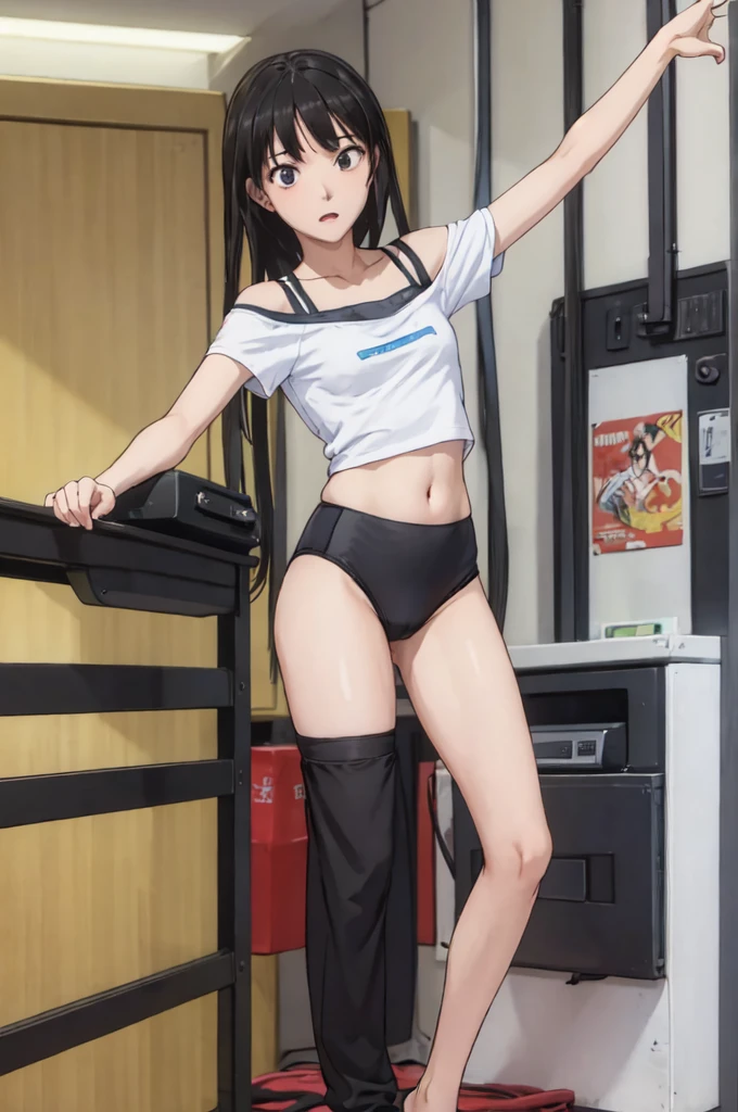 ((masterpiece, best quality)),((highres:1.2)), 1 Girl, solo, Cowboy Shot, Blurred Background, (((Small breasts))), Thighs, (Stripe underwear), ((sexy One Shoulder T-Shirts)), (((Fantastic Pose:1.2))), Off the shoulder,