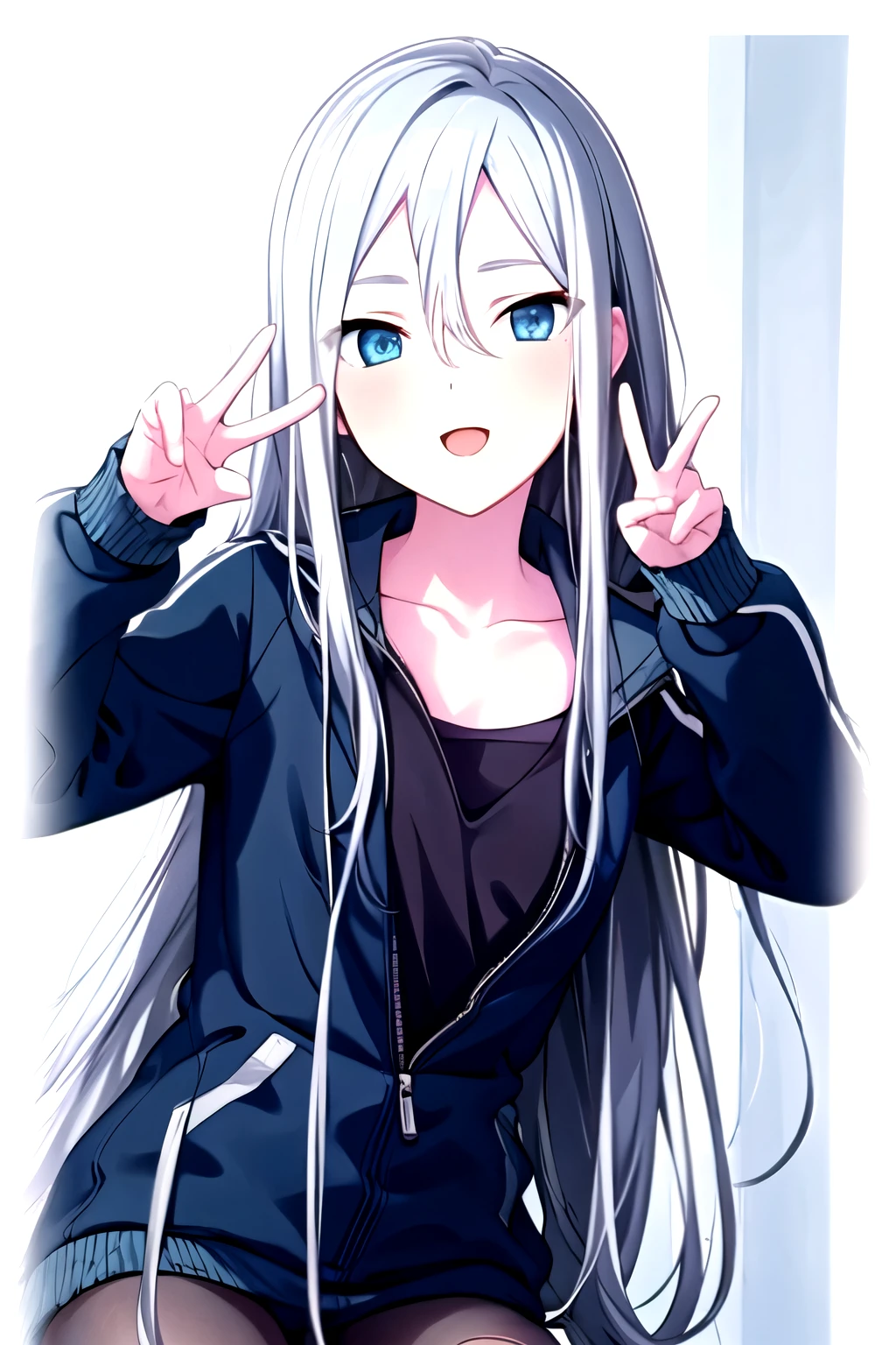 1 girl, 8k, evening, peace sign, happy, light blush, looking at viewer, long hair, white hair, realistic ilumination, faroles, pasillo de piedra, sudadera azul, cuerpo de frente, cuerpo completo, cuerpo tapado 