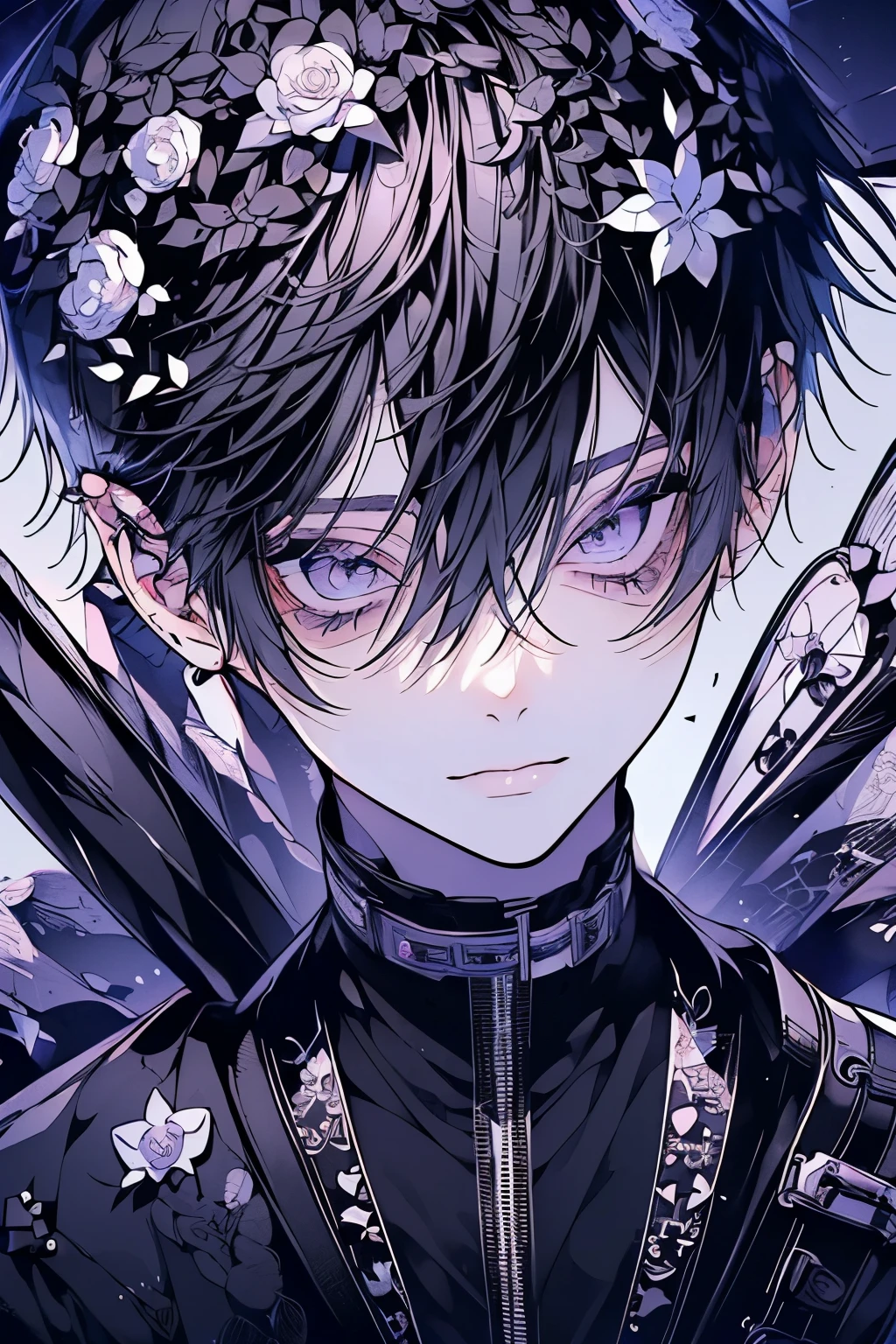 (Mastepiece), (Best Quality), Very detailed, 1 boy, Solo Shooting, Perfect Face, Beautiful Face, Very detailedな顔，(Black and white hair:1.3)，(short hair:1.4)、(Big eyes:1.4)，(Long eyelashes:1.4)、(Jet Black Eyes:1.3)、Monochrome、Black clothes、Lots of flowers、petal、(smile:1.4)