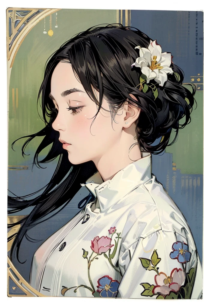 Detailed Background,Mucha style、Art Nouveau、Tarot Cards、Botanical Art,Flower Art,(Floral:1.2), (masterpiece, Highest quality),Vibrant colors,colorful, Highest quality, Amazing details, Anatomically correct, Line art, Written boundary depth,Flat Shading,Bokeh, girl, ,, profile、She has black hair。she has a wide forehead。She has no bangs。(Short Bob）。Pregnant women、Brow wrinkles。nsfw