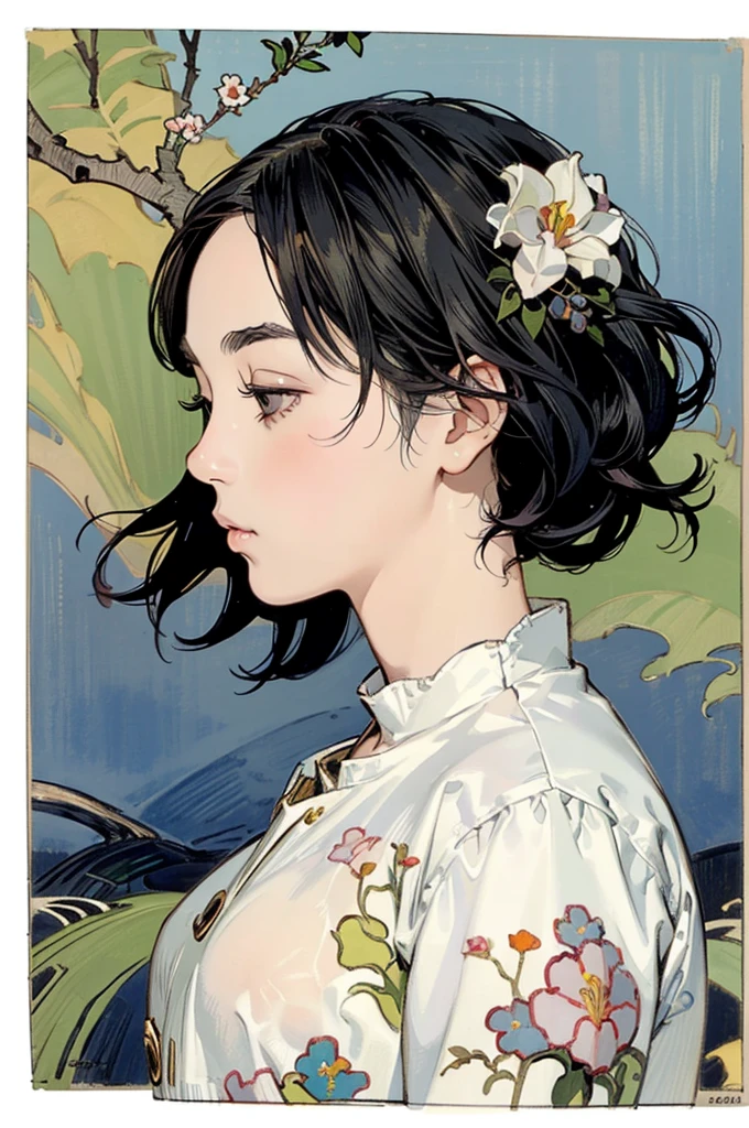 Detailed Background,Mucha style、Art Nouveau、Tarot Cards、Botanical Art,Flower Art,(Floral:1.2), (masterpiece, Highest quality),Vibrant colors,colorful, Highest quality, Amazing details, Anatomically correct, Line art, Written boundary depth,Flat Shading,Bokeh, girl, ************,, profile、She has black hair。she has a wide forehead。She has no bangs。(Short Bob）。Pregnant women、Brow wrinkles。nsfw