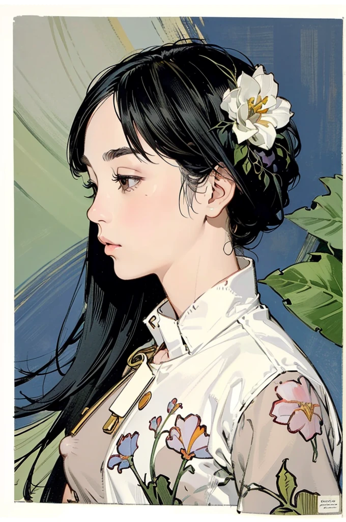 Detailed Background,Mucha style、Art Nouveau、Tarot Cards、Botanical Art,Flower Art,(Floral:1.2), (masterpiece, Highest quality),Vibrant colors,colorful, Highest quality, Amazing details, Anatomically correct, Line art, Written boundary depth,Flat Shading,Bokeh, girl, ,, profile、She has black hair。she has a wide forehead。She has no bangs。(Short Bob)。Pregnant women、Brow wrinkles。nsfw