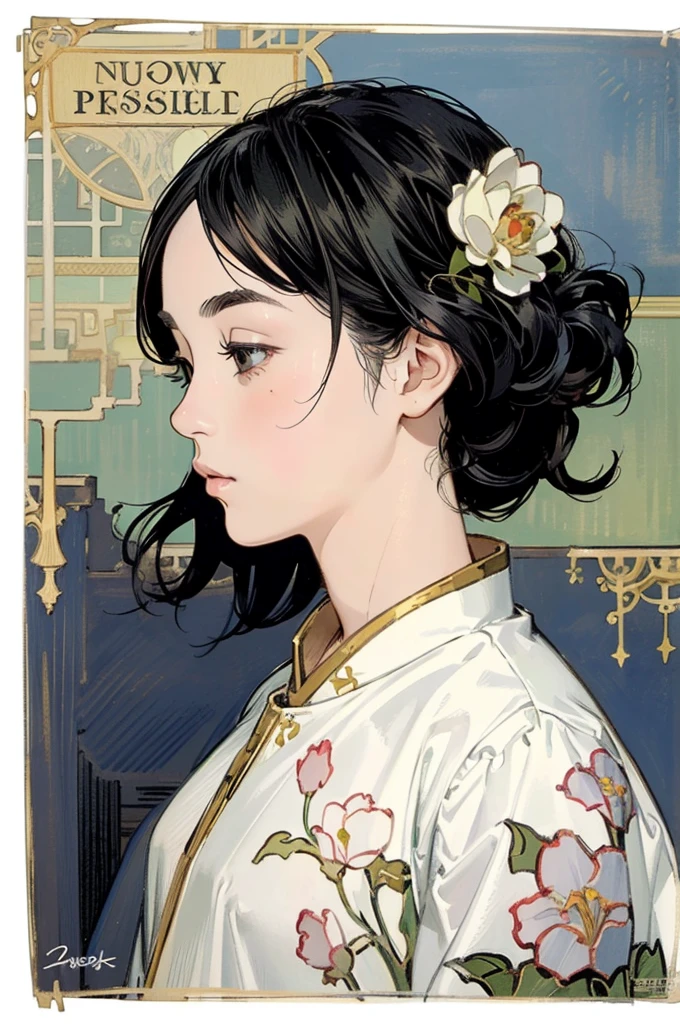 Detailed Background,Mucha style、Art Nouveau、Tarot Cards、Botanical Art,Flower Art,(Floral:1.2), (masterpiece, Highest quality),Vibrant colors,colorful, Highest quality, Amazing details, Anatomically correct, Line art, Written boundary depth,Flat Shading,Bokeh, girl, ,, profile、She has black hair。she has a wide forehead。She has no bangs。(Short Bob）。Pregnant women、Brow wrinkles。nsfw