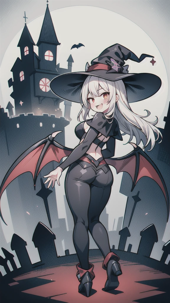 8K,  1girl, solo, vampire witch, white long hair, bright red eyes, showing fangs, bat wings, smile, (blush), (shy), looking at viewer,  dynamic angle, fantastic scenery castle, big breast, show full body, magical girl, white hair, red eyes, black witch hat, demon tail, long hair, big ass, bloody , looking from back